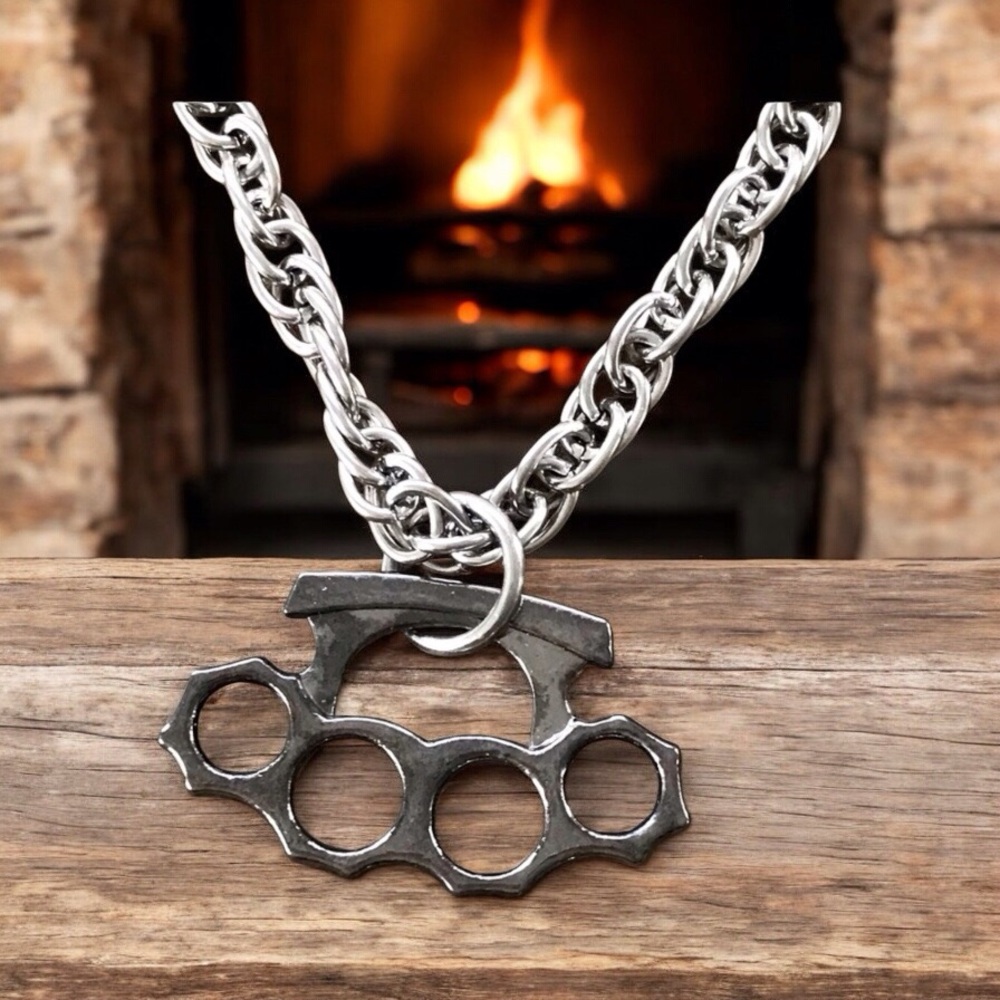 🆕3D Brass Knuckles Pendant Antique Gun Metal